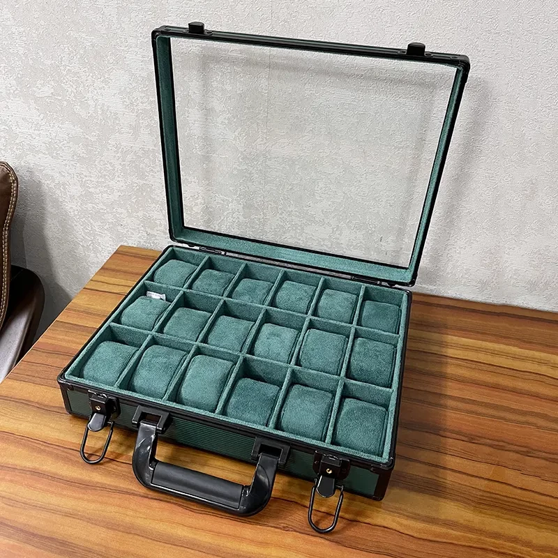 18 Slots Dark Green High Materials Top Glass Window Watch Organizer with Lock